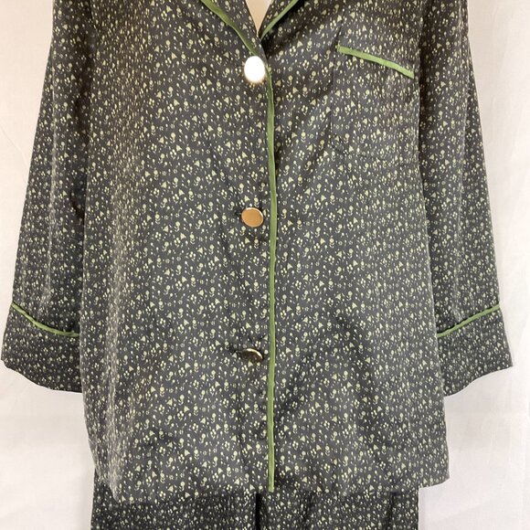 Bed to Brunch Pajama Set XS Black Green Print Tie Elastic Waist  Long Sleeve - Picture 3 of 16